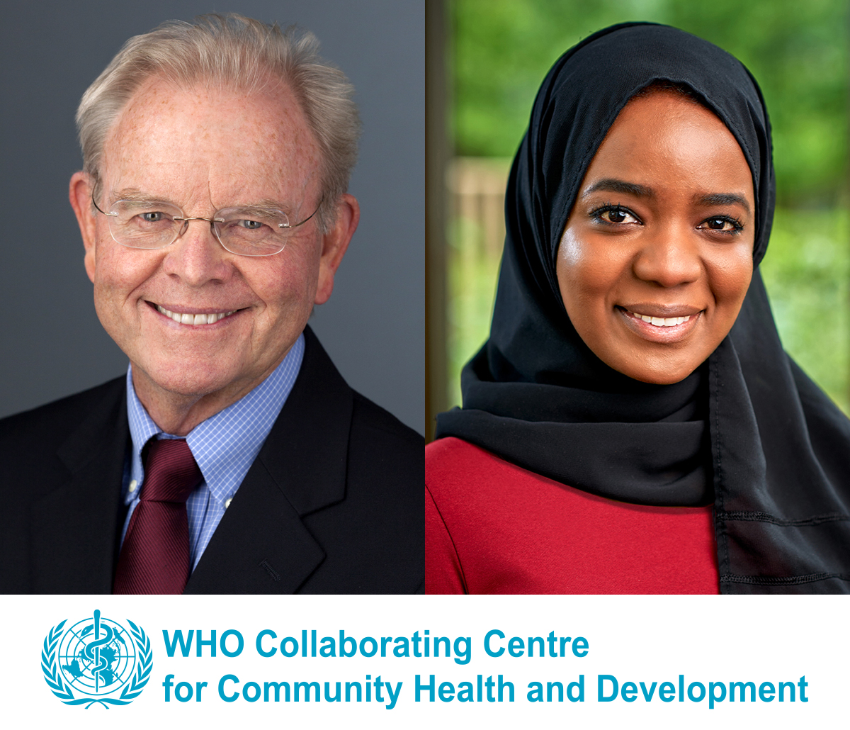 Stephen Fawcett and Ruaa Hassaballa with the WHO Collaborating Centre for Community Health and Development logo.