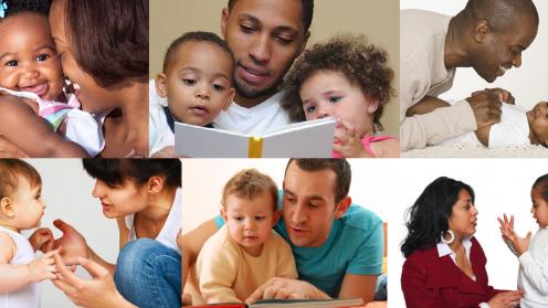 Collage of images with multi-racial parents and their infants.